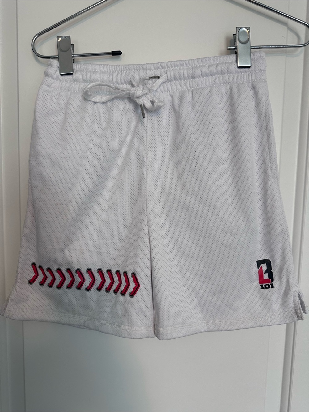 White Kids Athletic Mesh Shorts with baseball stitching Accent